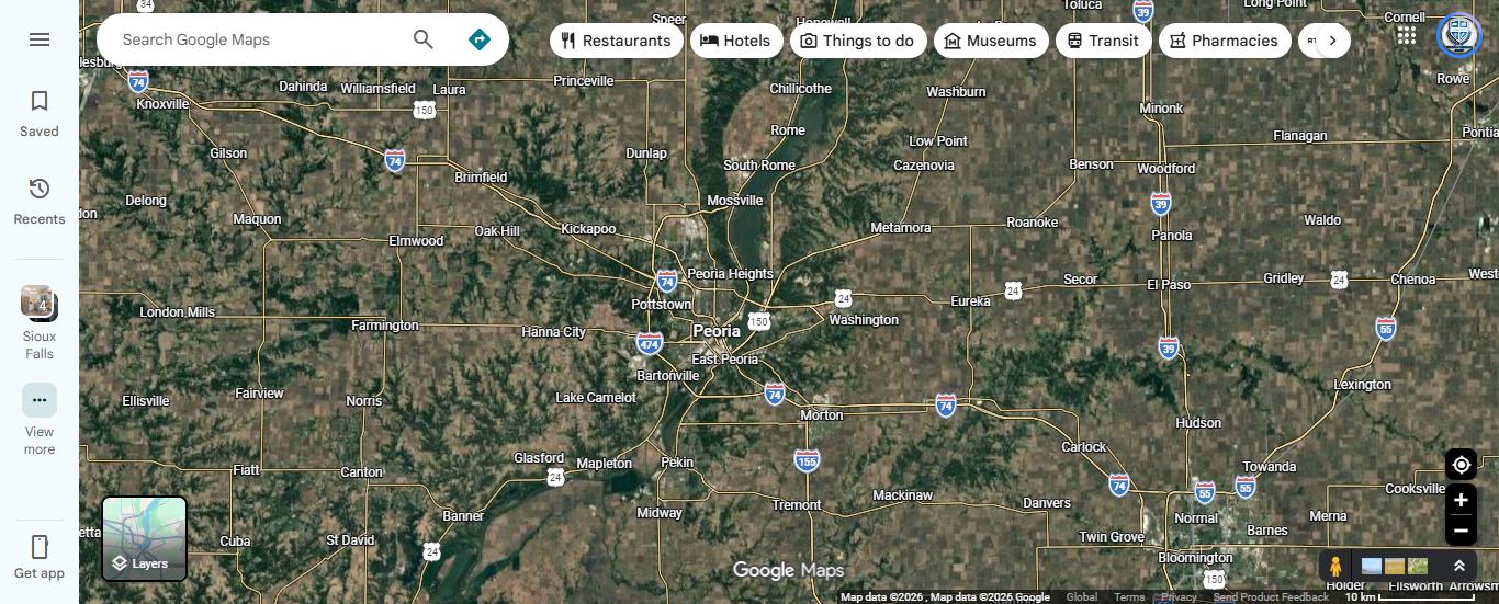Map of Peoria, IL and surrounding service area including East Peoria, Peoria Heights, Morton, Washington, Pekin, Dunlap and Chillicothe